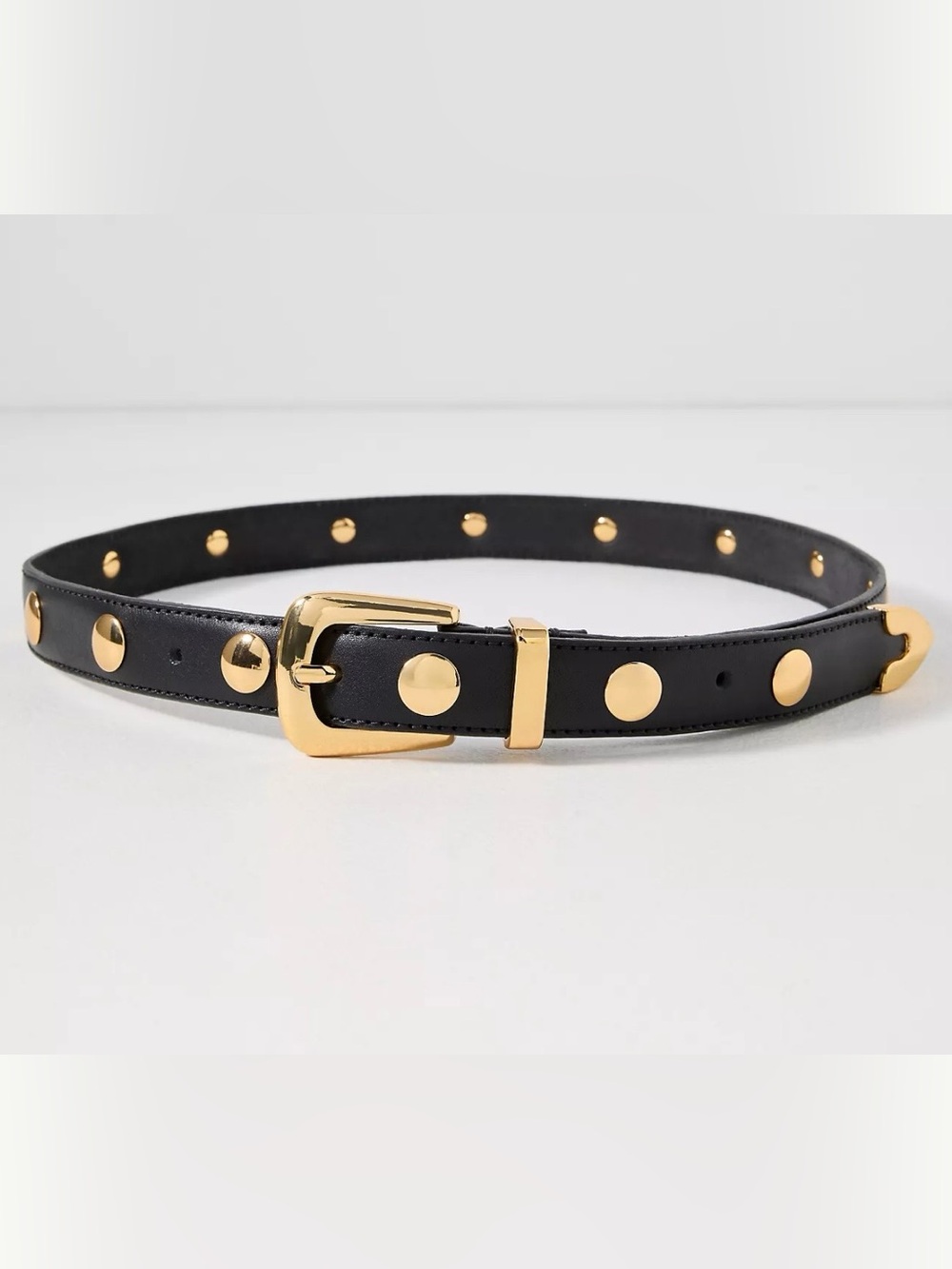 Anthropologie Studded Western Leather Belt. Black w/ gold dome studs. NWOT Sz M